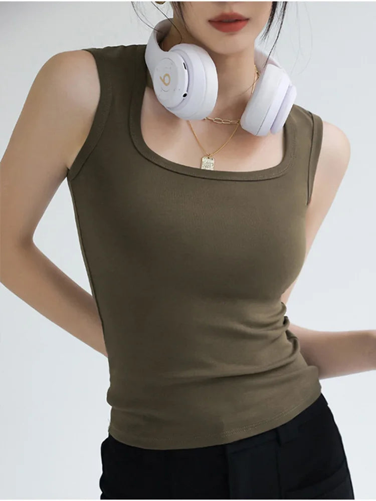 Women Solid U Neck Ribbed Tank Top Camisole Women Summer Basic Elastic Tank Top U Neck Solid Tank Top