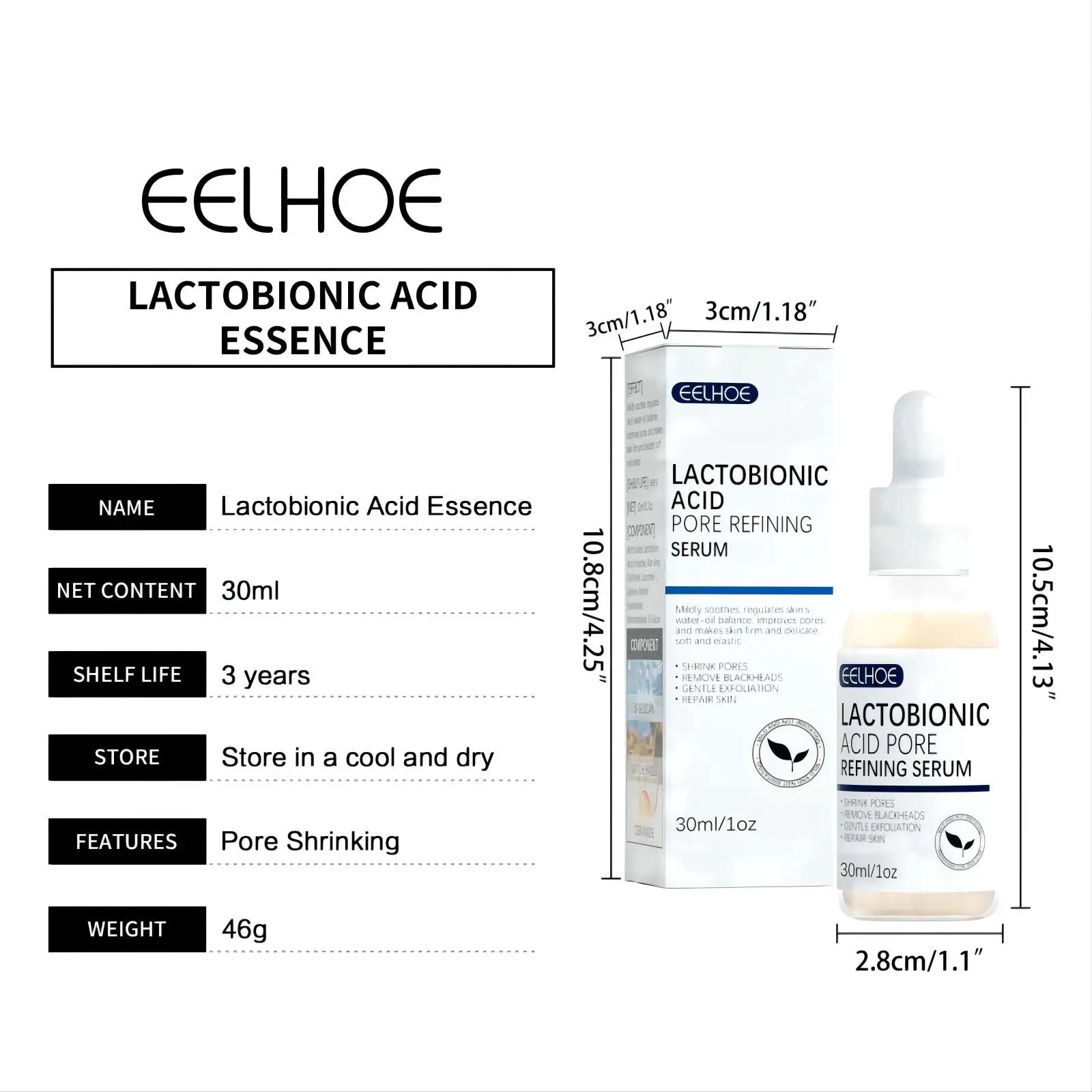 EELHOE Lactobionic Acid Pore Shrink Face Serum Skin Repair Remove Blackheads Acne Skin Care Lasting Moisturizing Korean Cosmetic