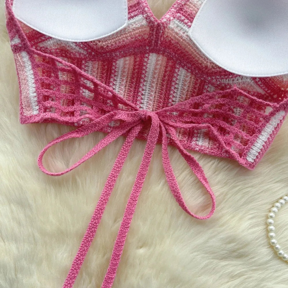 Fashion Knitted Bohemian Crochet Top Hollow Out Backless Ethnic Style Sexy Halter Top Swimwear Top Women
