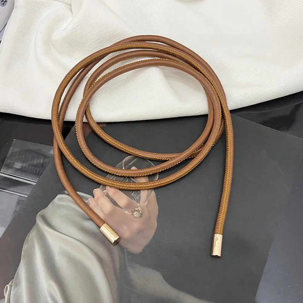 New Round Leather Thin Belt Women Decorative Bow Knot Waist Rope Knotted Dress Coat Sweater String Strap Waistband