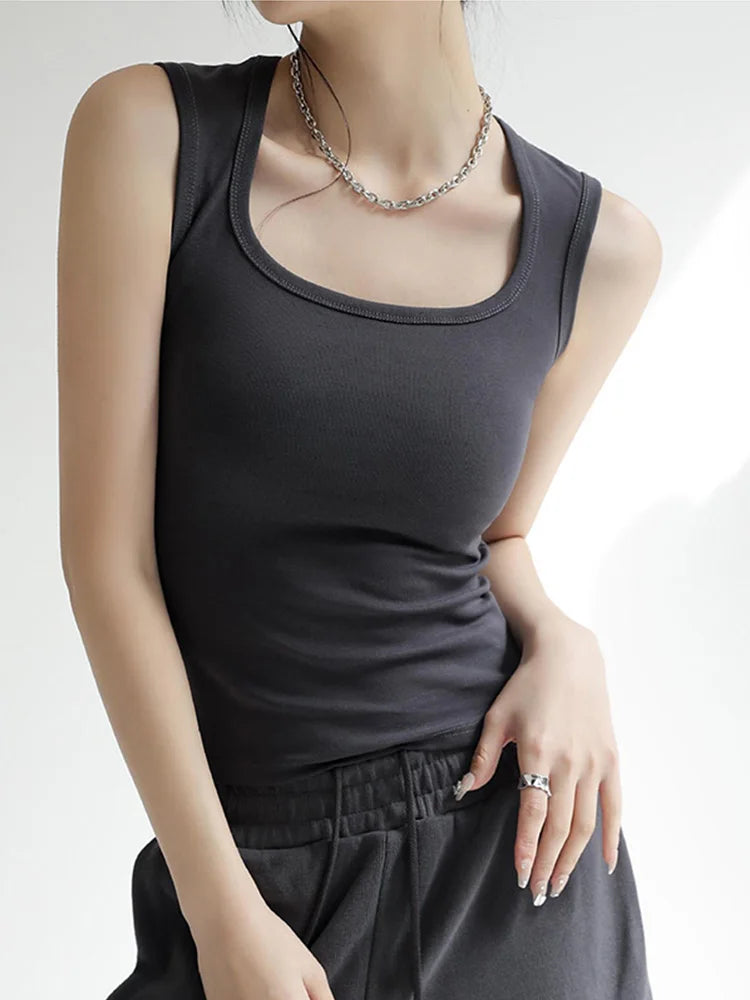 Women Solid U Neck Ribbed Tank Top Camisole Women Summer Basic Elastic Tank Top U Neck Solid Tank Top