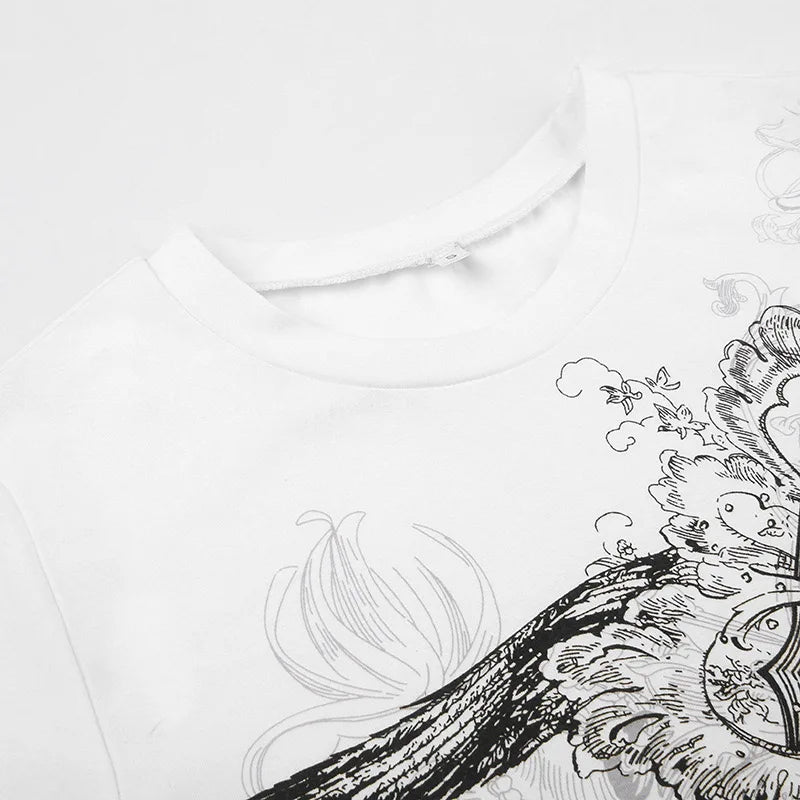 Retro Graphic Crop Top White Short Sleeve O Neck Casual T Shirt for Women y2k Aesthetic Vintage Basic Tees Ladies Clothes
