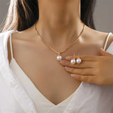 3Pcs Round Pearl Jewelry Set Of Earring Pendant Necklace For Women Exquisite Fashion Rhinestone Double Wedding Jewelry Set Gift