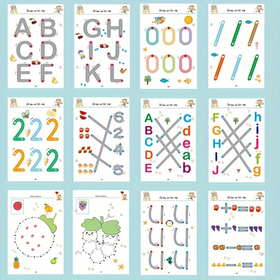 34-Page Reusable Educational Workbook Set, Perfect for Children's Drawing and Handwriting Training, Ideal for Christmas