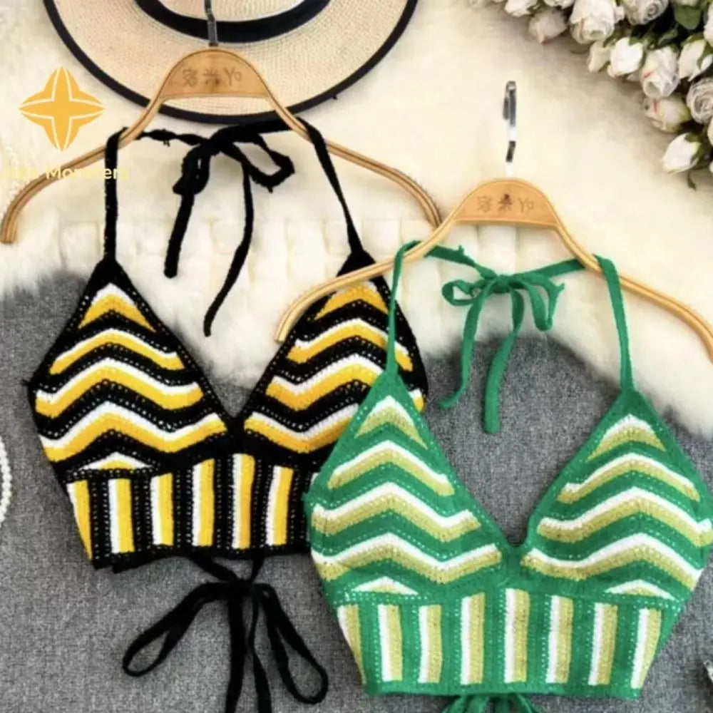 Fashion Knitted Bohemian Crochet Top Hollow Out Backless Ethnic Style Sexy Halter Top Swimwear Top Women