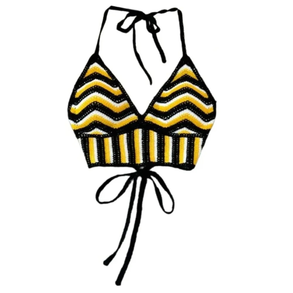 Fashion Knitted Bohemian Crochet Top Hollow Out Backless Ethnic Style Sexy Halter Top Swimwear Top Women