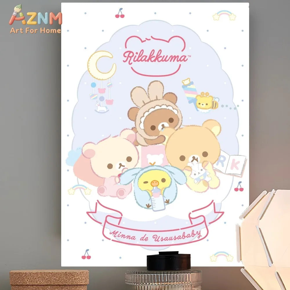 AZNM Rilakkuma Chairoikoguma Cute Bear Canvas Wall Print Unframed Pastel Kawaii Nursery Decor Poster