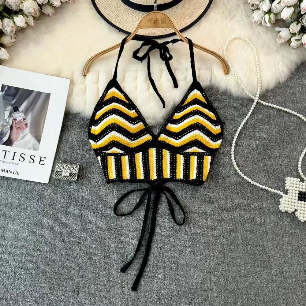 Fashion Knitted Bohemian Crochet Top Hollow Out Backless Ethnic Style Sexy Halter Top Swimwear Top Women