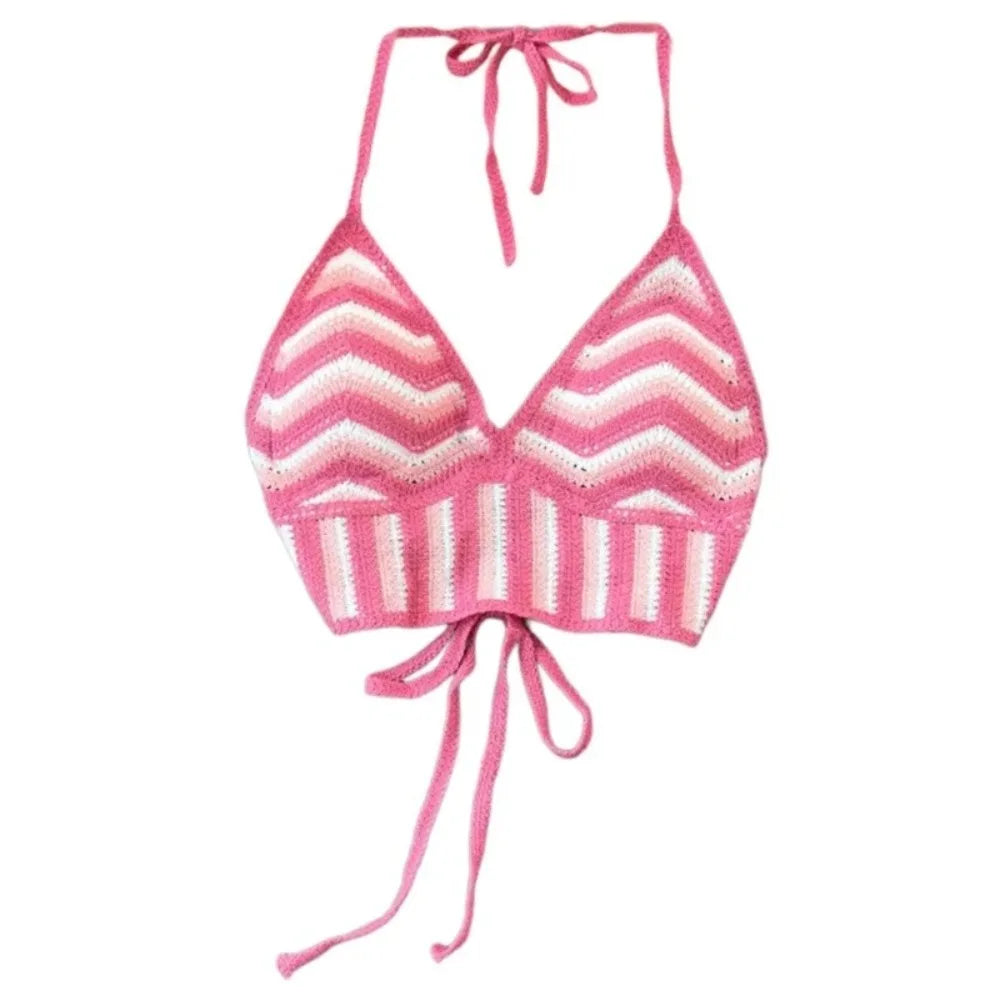 Fashion Knitted Bohemian Crochet Top Hollow Out Backless Ethnic Style Sexy Halter Top Swimwear Top Women