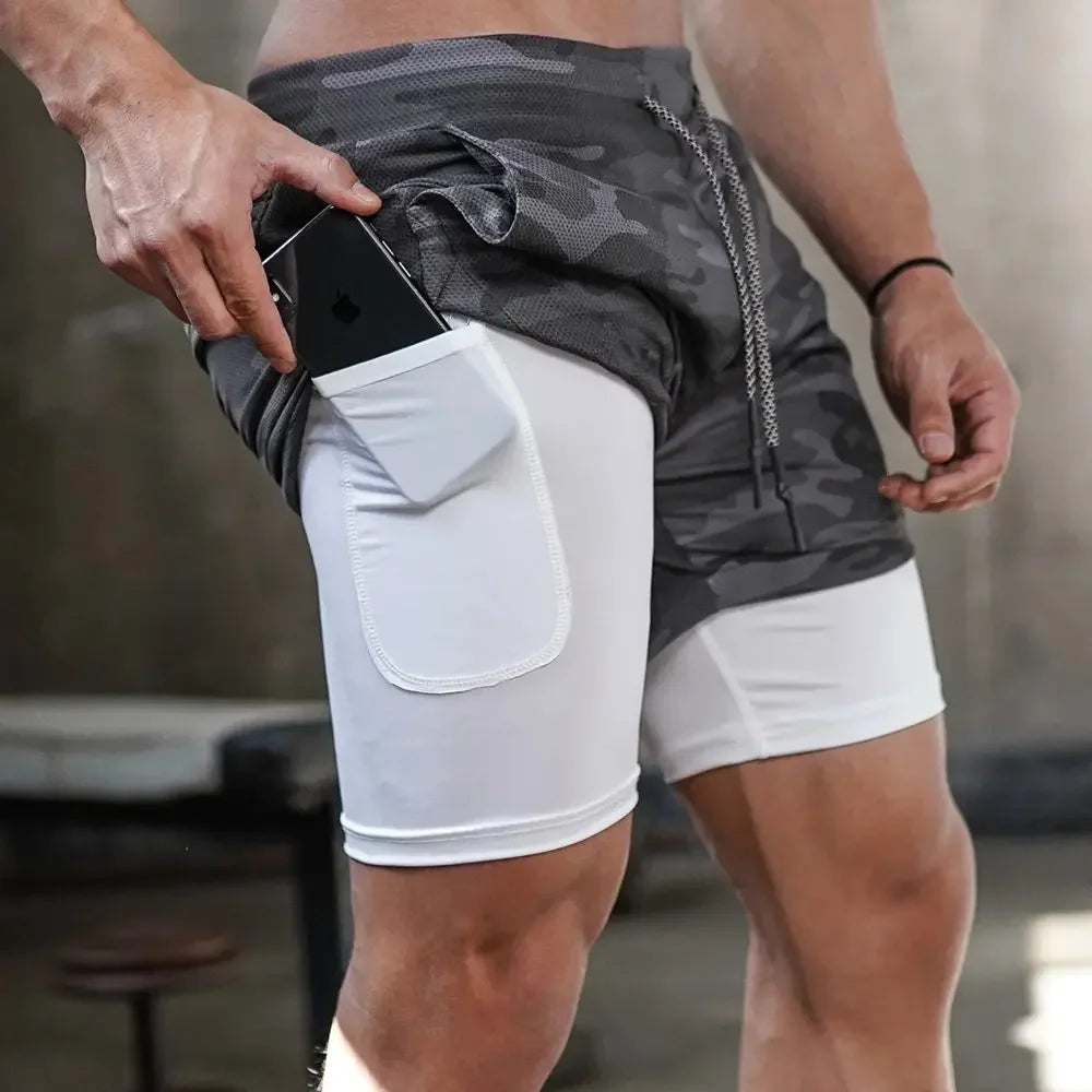 2 in 1 Compression Shorts for Men Gym Workout Running Shorts with Phone Pockets Athletic Quick Dry Activewear Training Jogging