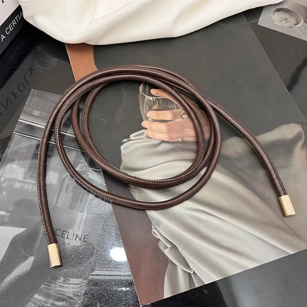 New Round Leather Thin Belt Women Decorative Bow Knot Waist Rope Knotted Dress Coat Sweater String Strap Waistband