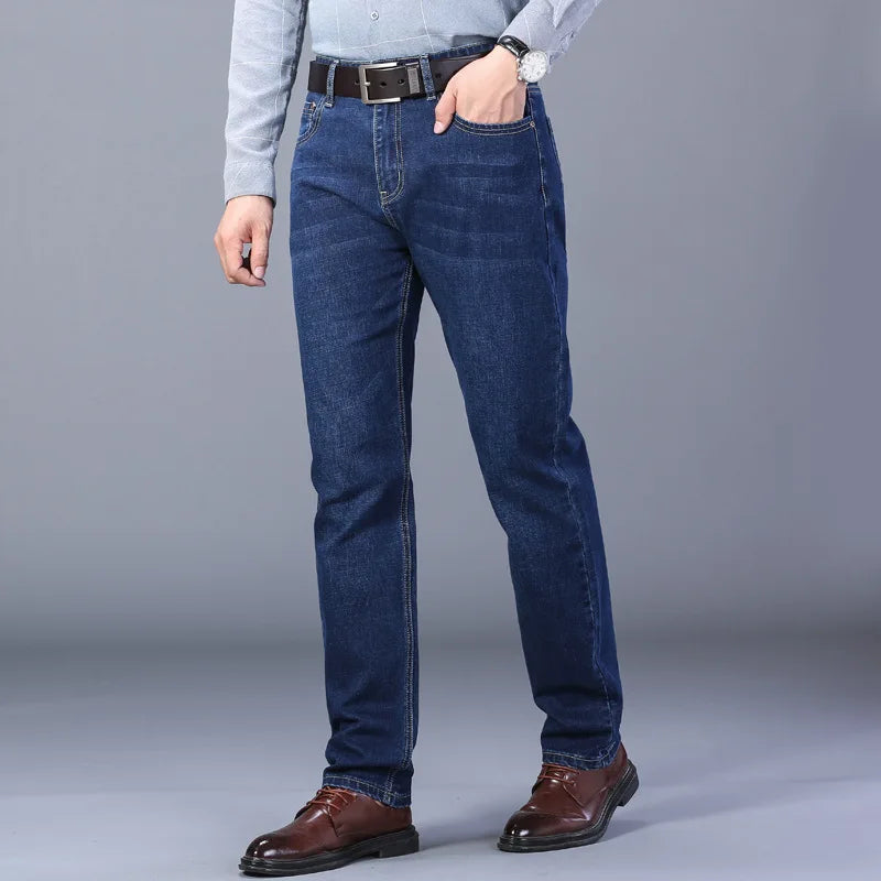 Men's Comfortable Soft Business Casual Denim Trousers Slim Fit Straight Pants Fashion Male Brand Light Luxury Stretch Clothing