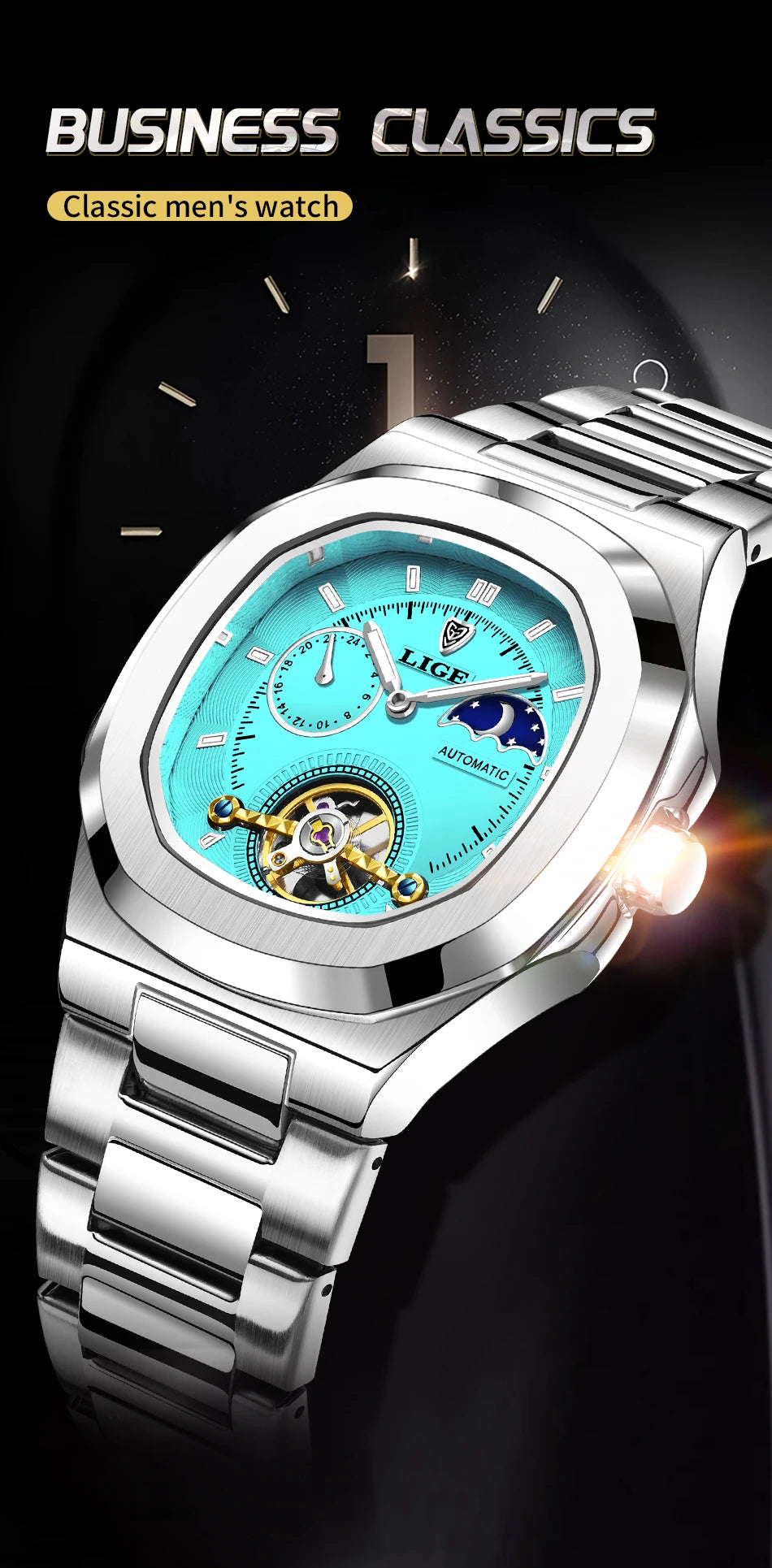 LIGE Dual Seconds Tourbillon Watch 24 Hour Mechanical Watch Men Stainless Steel Authentic Watch Night Glow Waterproof Mens Watch