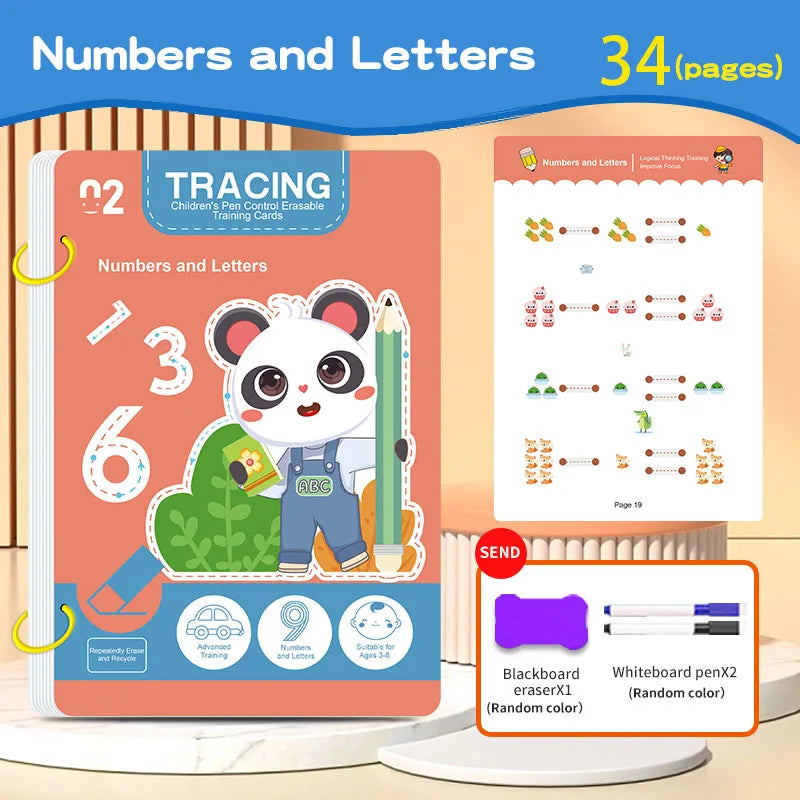 34-Page Reusable Educational Workbook Set, Perfect for Children's Drawing and Handwriting Training, Ideal for Christmas