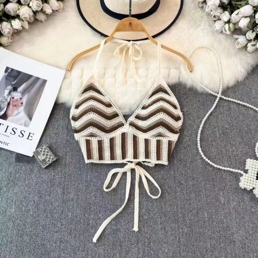 Fashion Knitted Bohemian Crochet Top Hollow Out Backless Ethnic Style Sexy Halter Top Swimwear Top Women