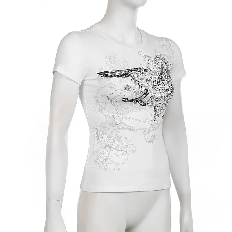Retro Graphic Crop Top White Short Sleeve O Neck Casual T Shirt for Women y2k Aesthetic Vintage Basic Tees Ladies Clothes