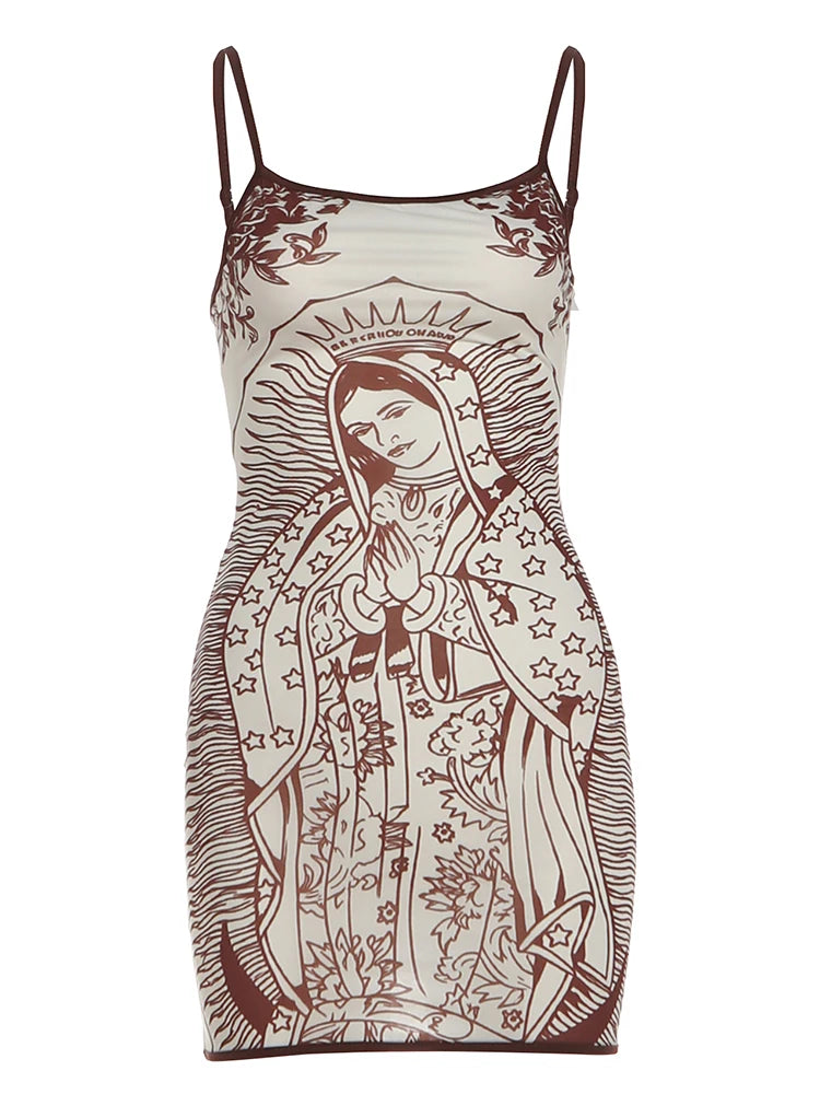 Kliou Sexy See Through Sling Dress Woman Summer Trend Art Print Low-Neck Backless Sleeveless Skinny Peach Buttocks Mini Bodycon