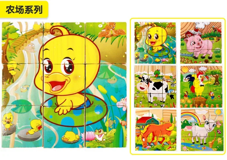 3D cube Wooden puzzle children's nine pieces six-sided wooden block tray children's Montessori learning educational puzzle toys