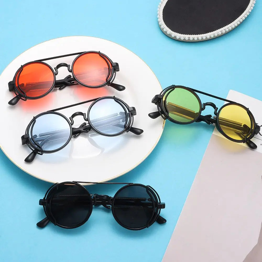 Fashion UV400 Protection Double Spring Temples Round Sunglasses Men's Eyewear Steampunk Sunglasses Sun Glasses