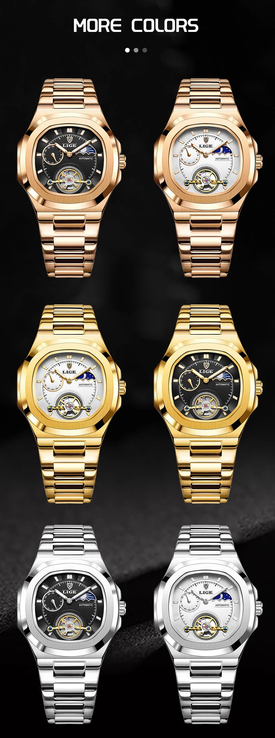 LIGE Dual Seconds Tourbillon Watch 24 Hour Mechanical Watch Men Stainless Steel Authentic Watch Night Glow Waterproof Mens Watch