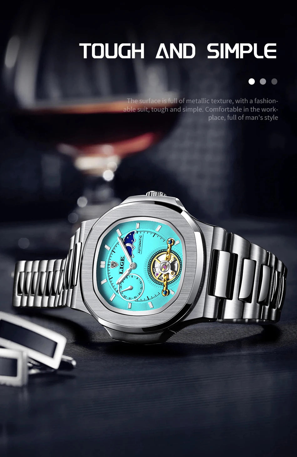 LIGE Dual Seconds Tourbillon Watch 24 Hour Mechanical Watch Men Stainless Steel Authentic Watch Night Glow Waterproof Mens Watch