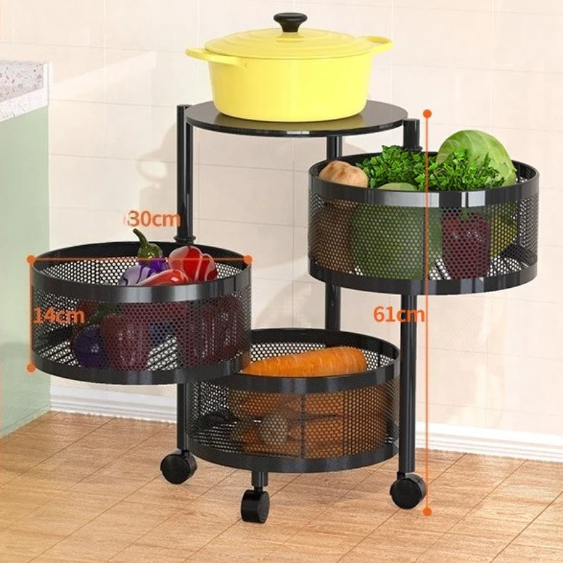 Kitchen Rolling Foldable Portable Storage Multi Tier Round Fruit Vegetable Shelf  Organizer Trolley Cart No Assembly Furniture