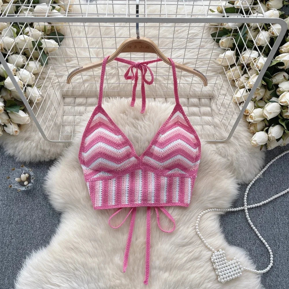 Fashion Knitted Bohemian Crochet Top Hollow Out Backless Ethnic Style Sexy Halter Top Swimwear Top Women