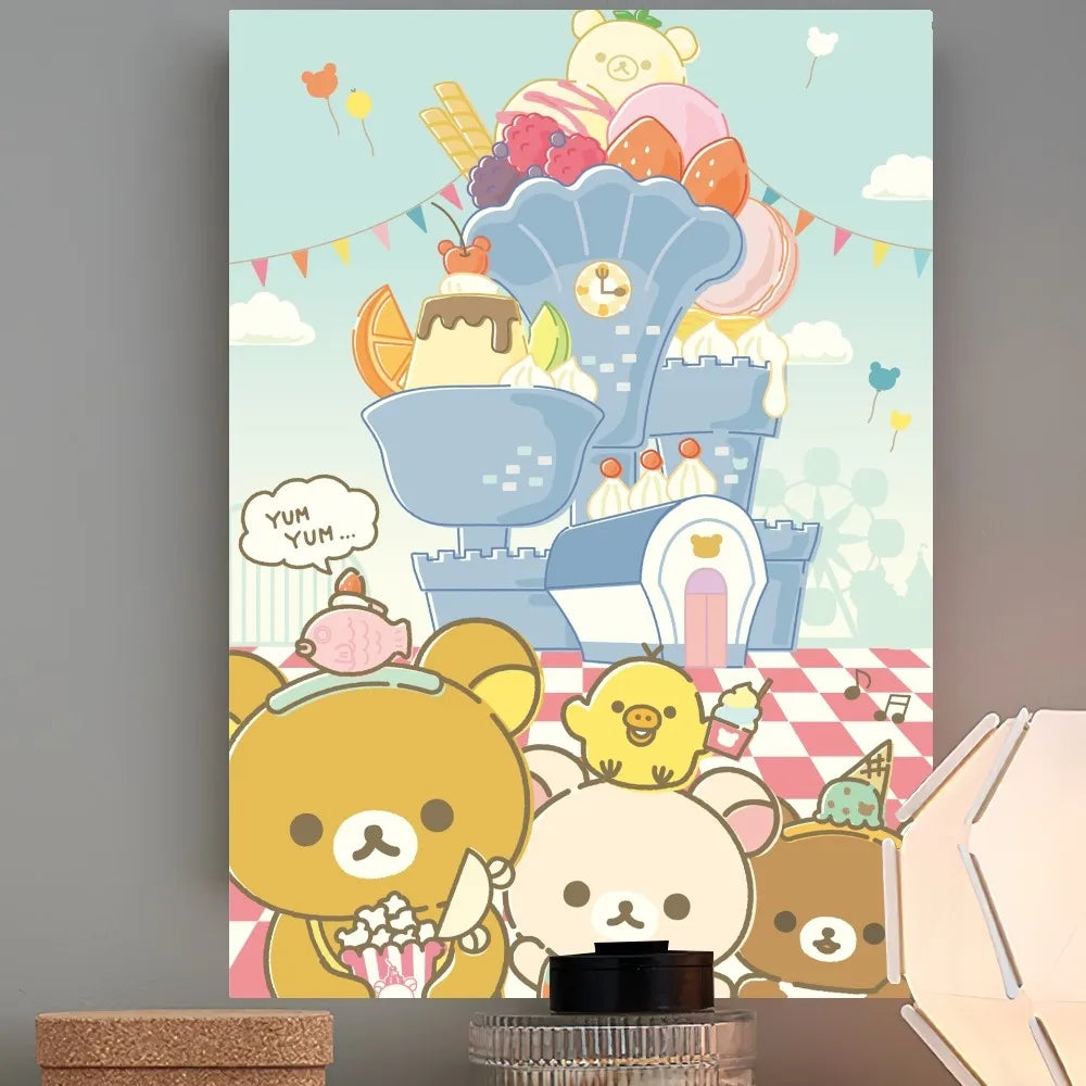 AZNM Rilakkuma Chairoikoguma Cute Bear Canvas Wall Print Unframed Pastel Kawaii Nursery Decor Poster