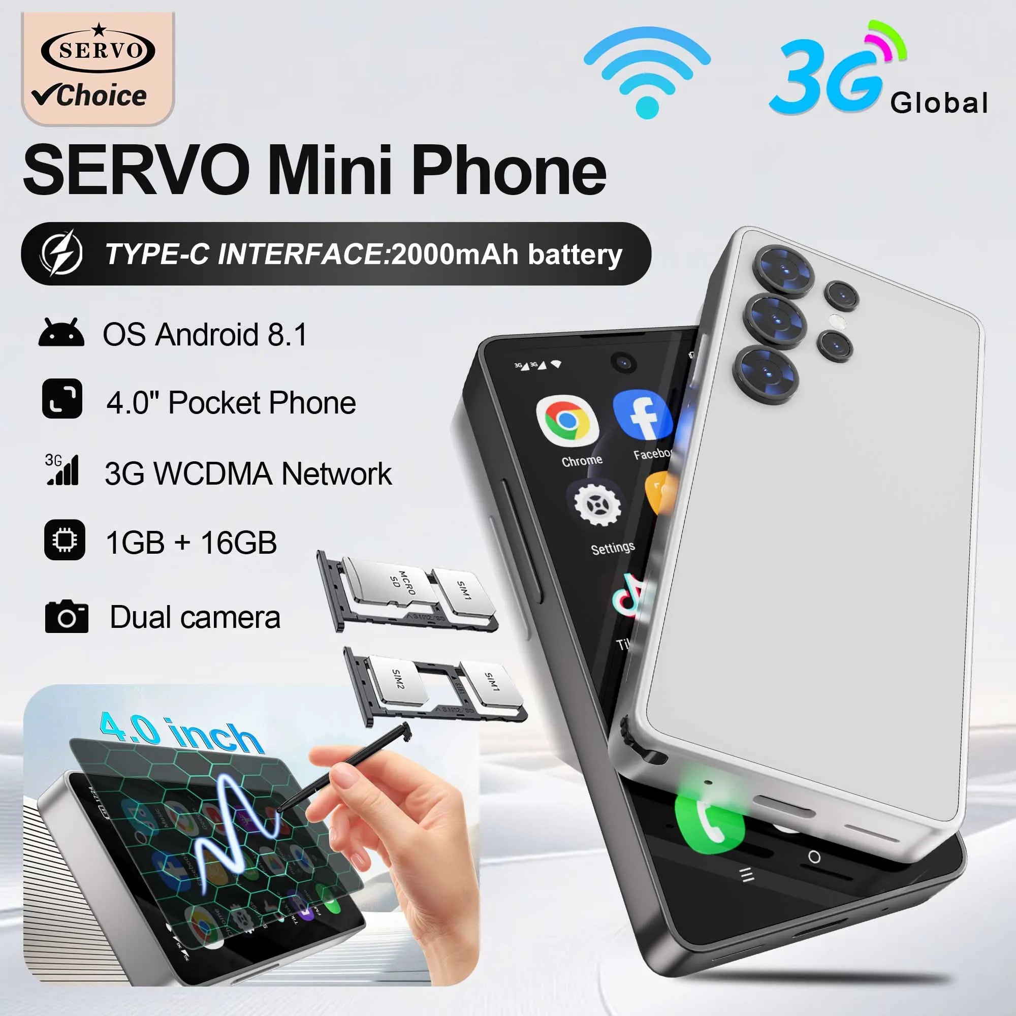 SERVO Mini Smartphone Android 8.1 Built in Stylus 4" Display 16GB ROM Face Unlock GPS WIFI Play Store 3G WCDMA Tiny Mobile Phone