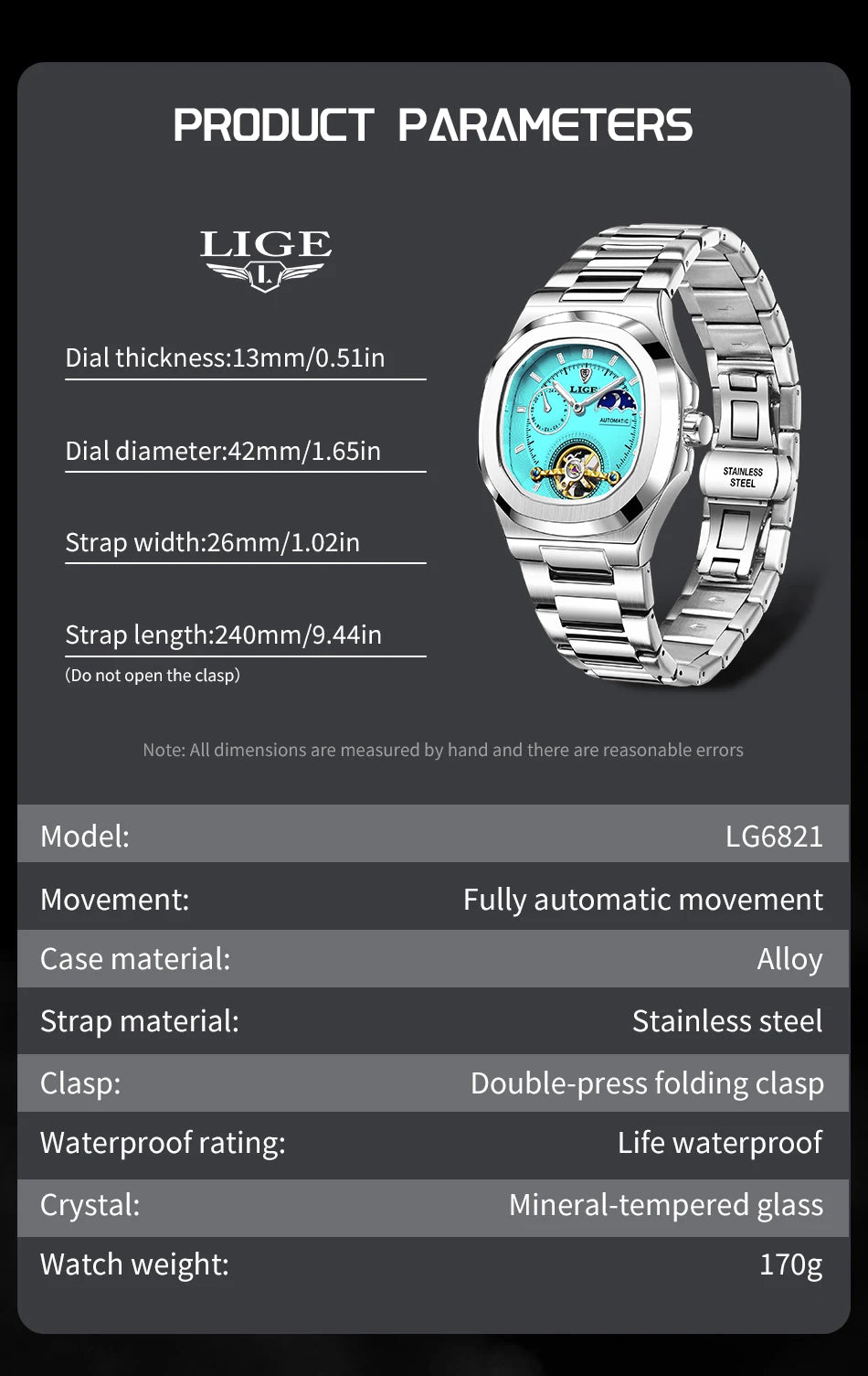LIGE Dual Seconds Tourbillon Watch 24 Hour Mechanical Watch Men Stainless Steel Authentic Watch Night Glow Waterproof Mens Watch