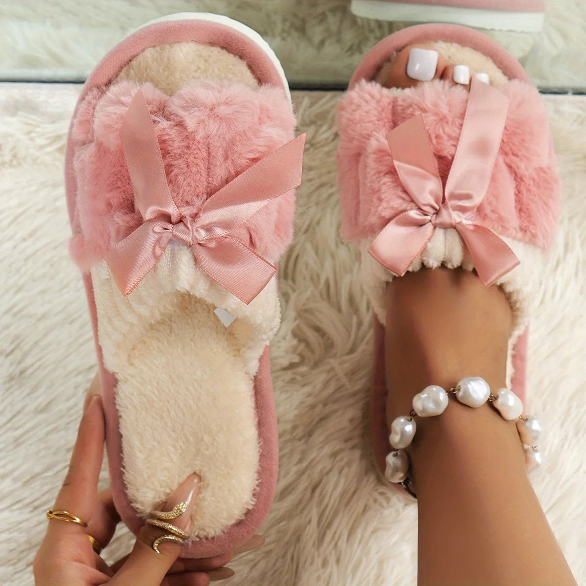New Bow Decorative Plush Slippers For Women Autumn Winter Warm Indoor Home Soft Sole Lightweight Slides Furry Cotton Shoes