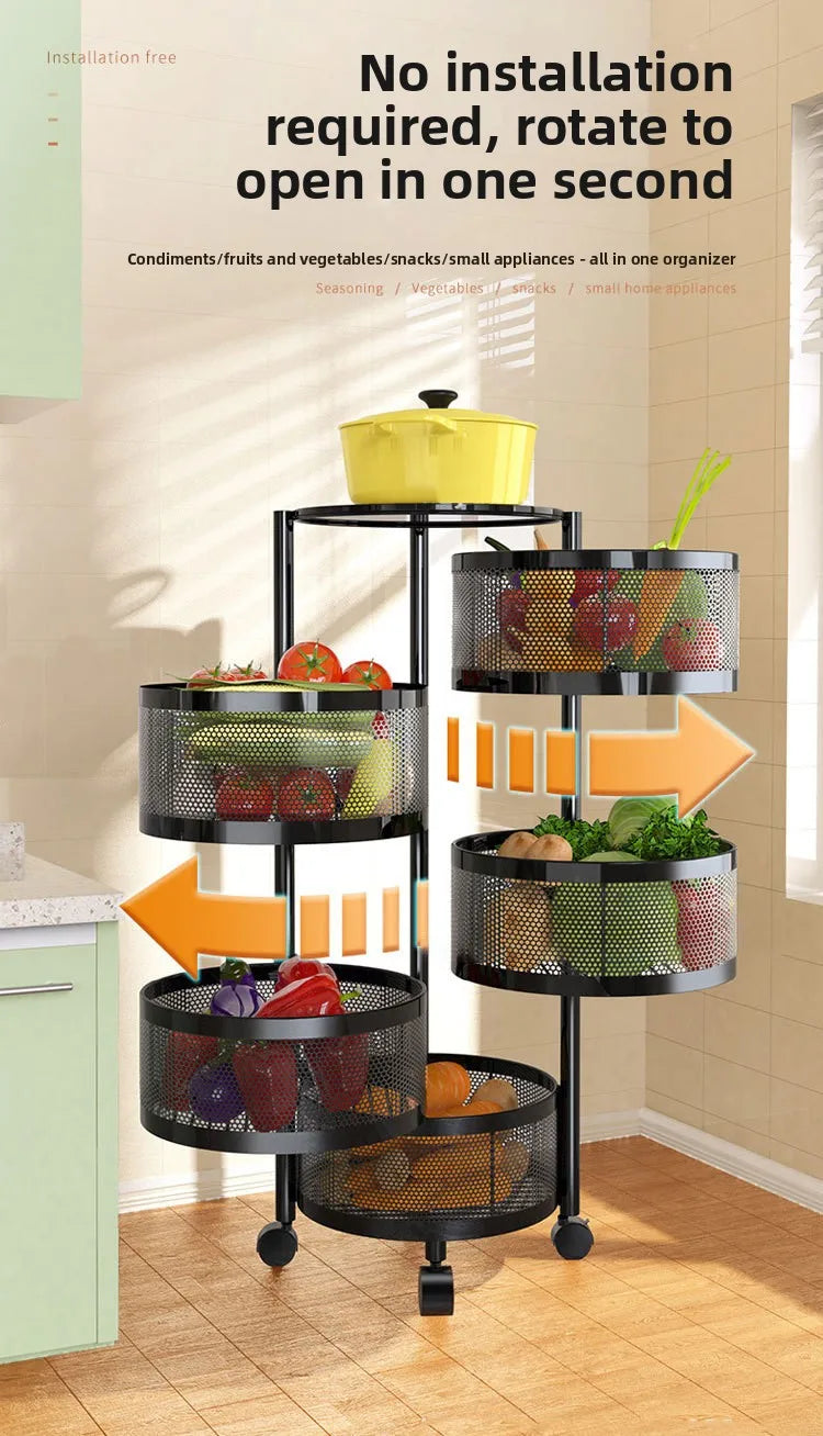 Kitchen Rolling Foldable Portable Storage Multi Tier Round Fruit Vegetable Shelf  Organizer Trolley Cart No Assembly Furniture