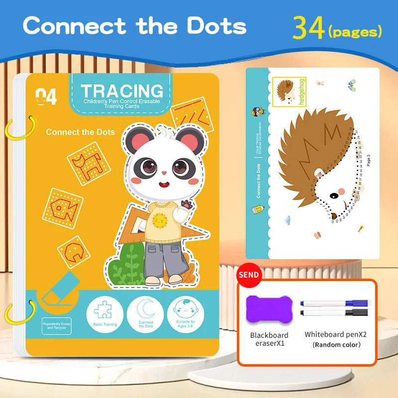 34-Page Reusable Educational Workbook Set, Perfect for Children's Drawing and Handwriting Training, Ideal for Christmas