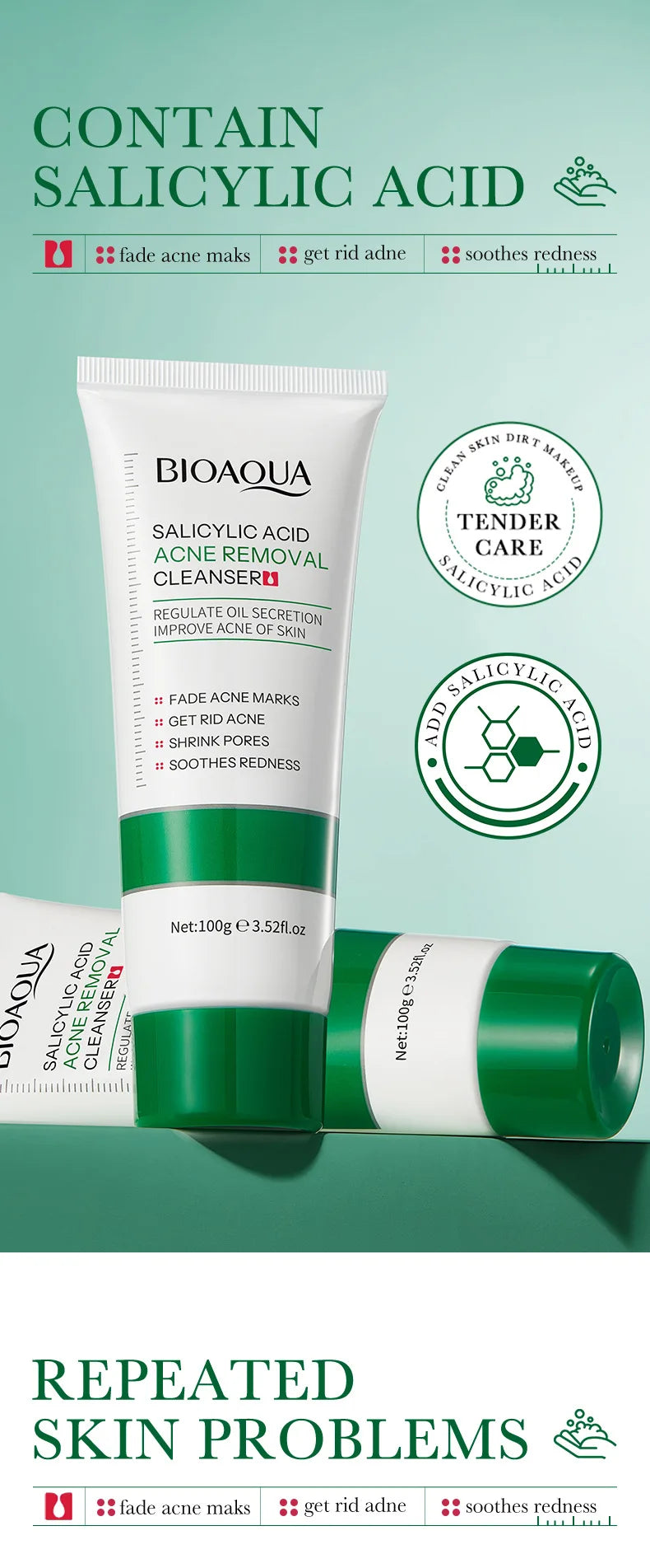 1/2pcs BIOAQUA Salicylic Acid Facial Cleanser Acne Treatment Moisturizing Oil Control Face Wash Foam Face Cleanser Skin Care