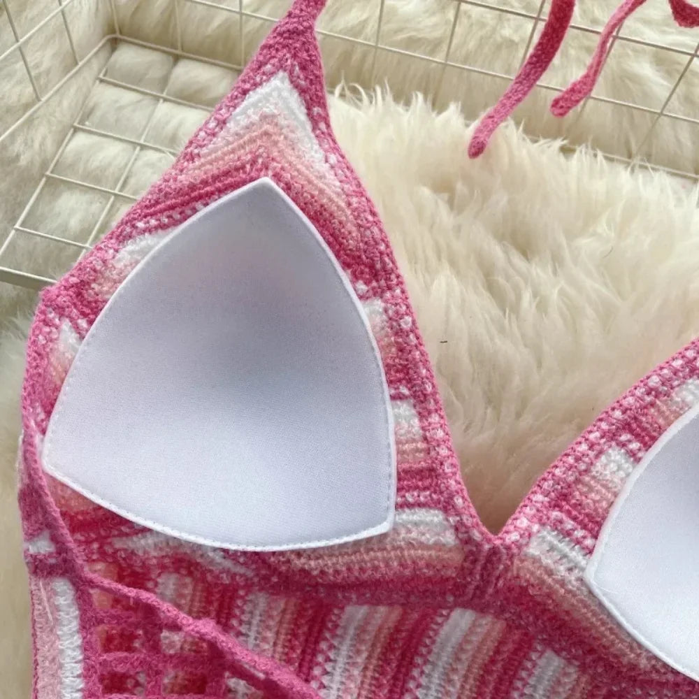 Fashion Knitted Bohemian Crochet Top Hollow Out Backless Ethnic Style Sexy Halter Top Swimwear Top Women