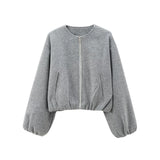 HXAO Outerwears Cropped Bomber Jacket Women Autumn Long Sleeve Faux Wool Coats For Woman Winter Zip Up Gray Beige Short Coats
