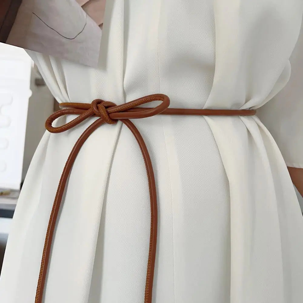 New Round Leather Thin Belt Women Decorative Bow Knot Waist Rope Knotted Dress Coat Sweater String Strap Waistband