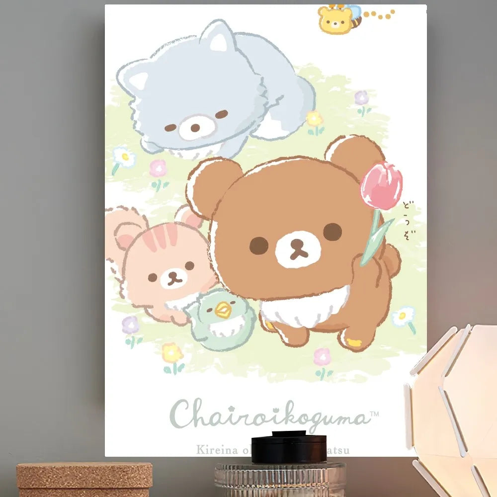 AZNM Rilakkuma Chairoikoguma Cute Bear Canvas Wall Print Unframed Pastel Kawaii Nursery Decor Poster