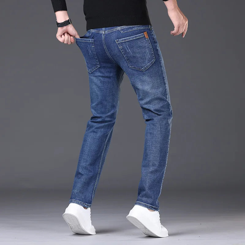 Men's Comfortable Soft Business Casual Denim Trousers Slim Fit Straight Pants Fashion Male Brand Light Luxury Stretch Clothing