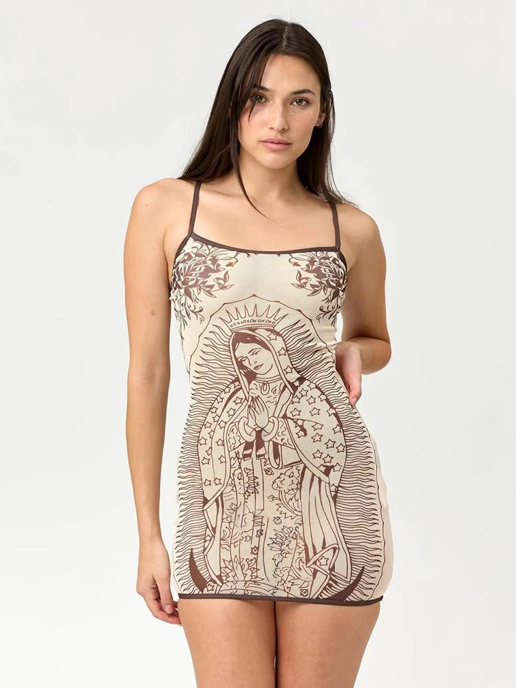 Kliou Sexy See Through Sling Dress Woman Summer Trend Art Print Low-Neck Backless Sleeveless Skinny Peach Buttocks Mini Bodycon