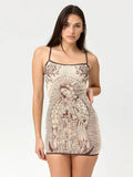 Kliou Sexy See Through Sling Dress Woman Summer Trend Art Print Low-Neck Backless Sleeveless Skinny Peach Buttocks Mini Bodycon