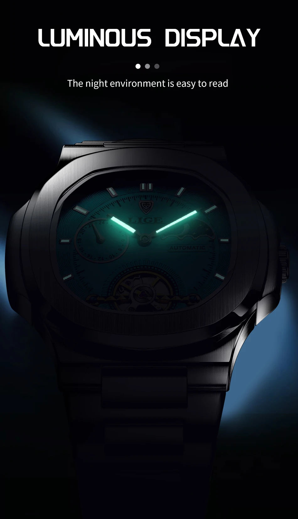 LIGE Dual Seconds Tourbillon Watch 24 Hour Mechanical Watch Men Stainless Steel Authentic Watch Night Glow Waterproof Mens Watch