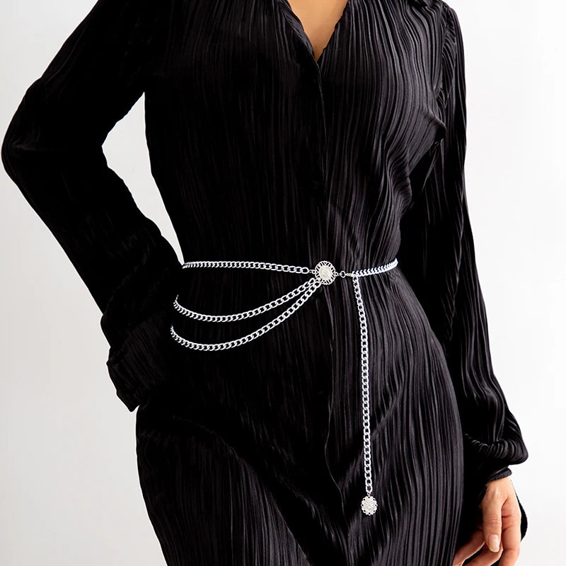 New Fashion Multi-layer Chain Belt For Women Fashion Gold Silver Color Metal High Waist Body Chain Dress Lady Tassel Belt