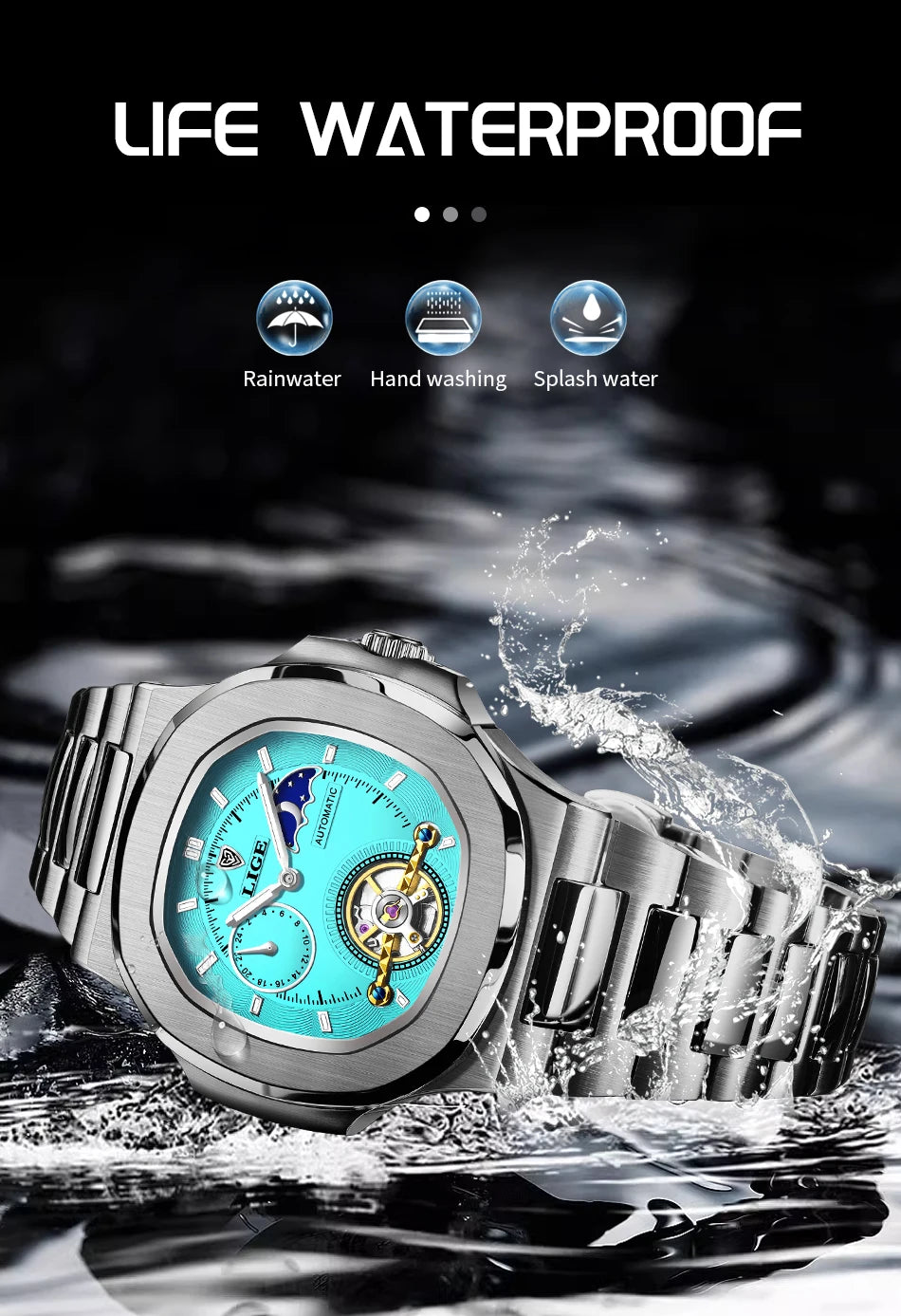 LIGE Dual Seconds Tourbillon Watch 24 Hour Mechanical Watch Men Stainless Steel Authentic Watch Night Glow Waterproof Mens Watch