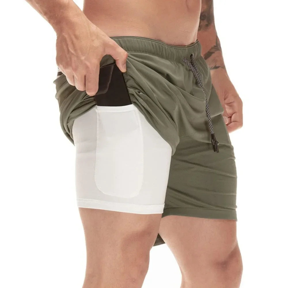 2 in 1 Compression Shorts for Men Gym Workout Running Shorts with Phone Pockets Athletic Quick Dry Activewear Training Jogging