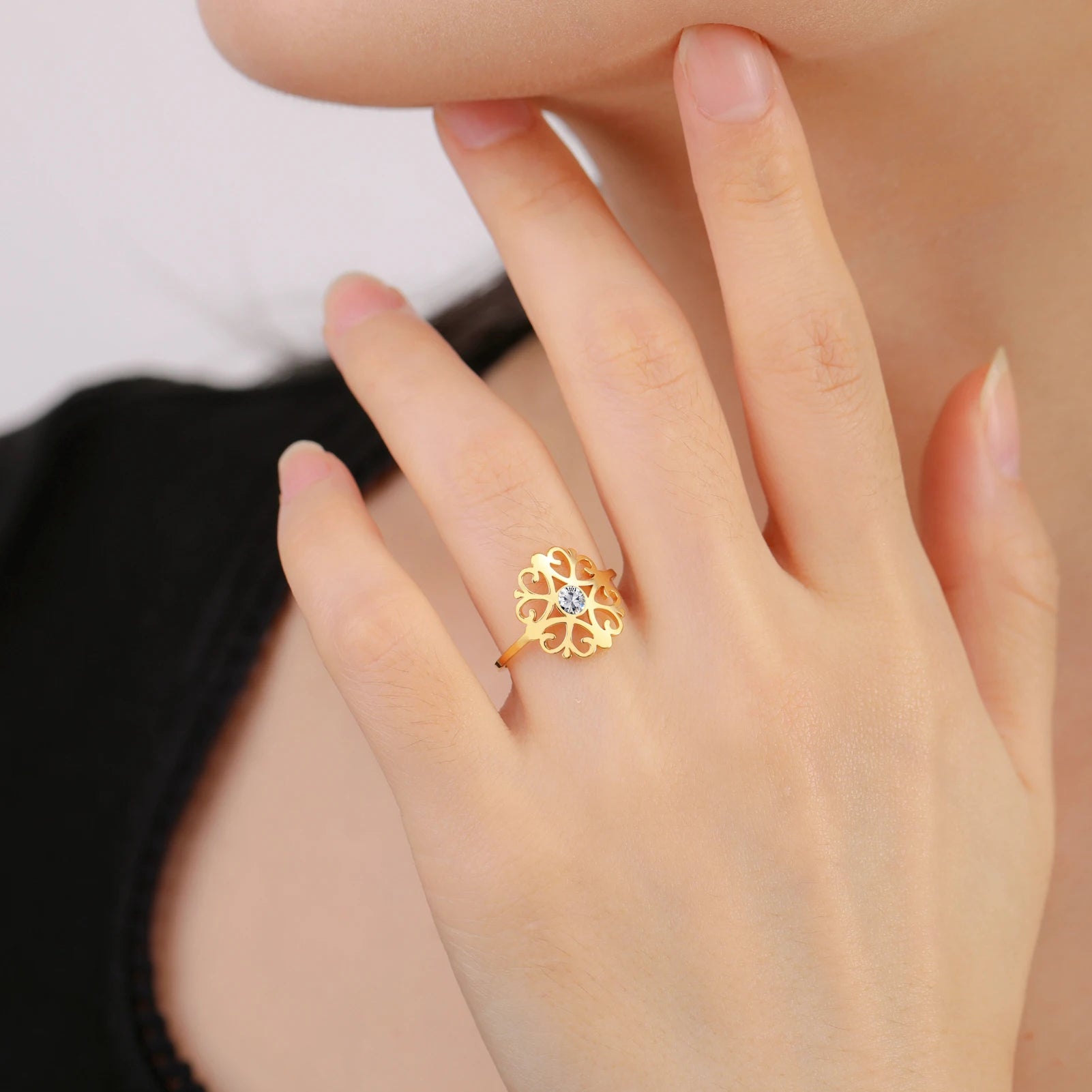Skyrim Stainless Steel Flower Ring With Clear Zircon Women's Rings Wedding Band Bohemian Jewelry Anniversary Gift Wholesale