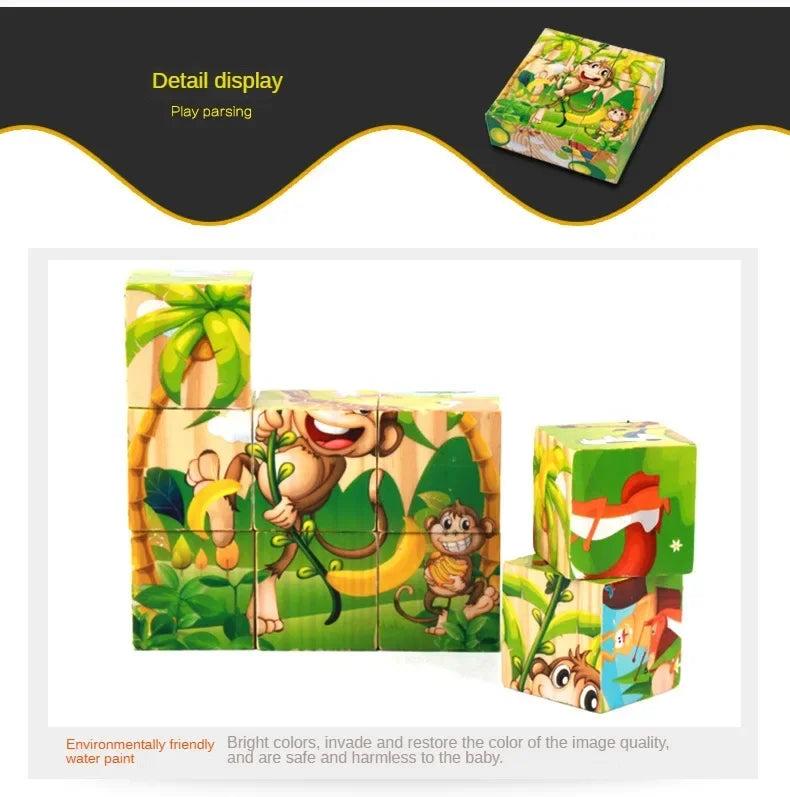 3D cube Wooden puzzle children's nine pieces six-sided wooden block tray children's Montessori learning educational puzzle toys