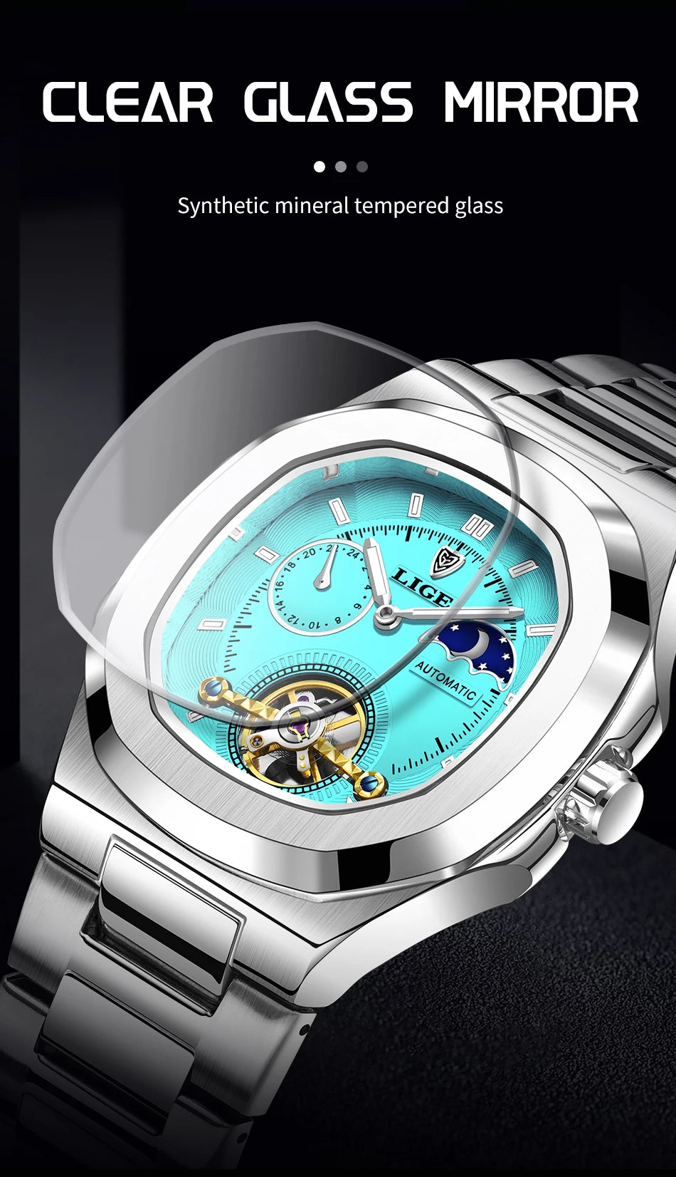 LIGE Dual Seconds Tourbillon Watch 24 Hour Mechanical Watch Men Stainless Steel Authentic Watch Night Glow Waterproof Mens Watch
