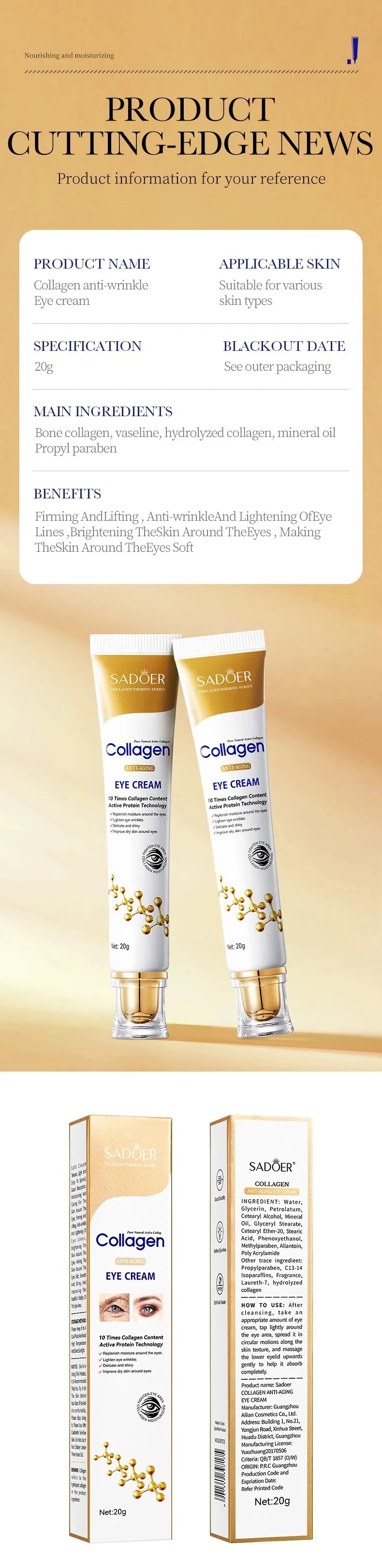 SADOER Collagen Skin Care Sets Anti Wrinkles Serum for Face Moisturizing Anti-aging Anti Dark Circles Eye Cream Skin Care Kit