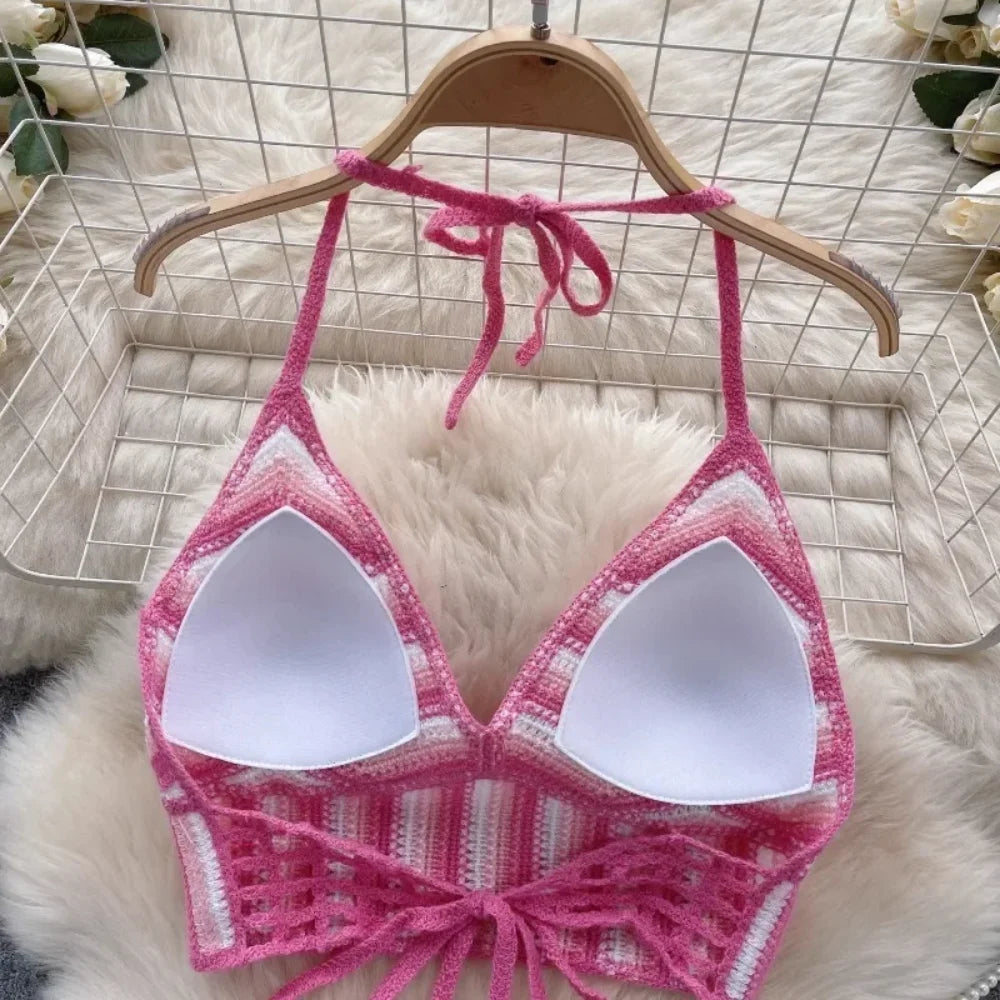 Fashion Knitted Bohemian Crochet Top Hollow Out Backless Ethnic Style Sexy Halter Top Swimwear Top Women